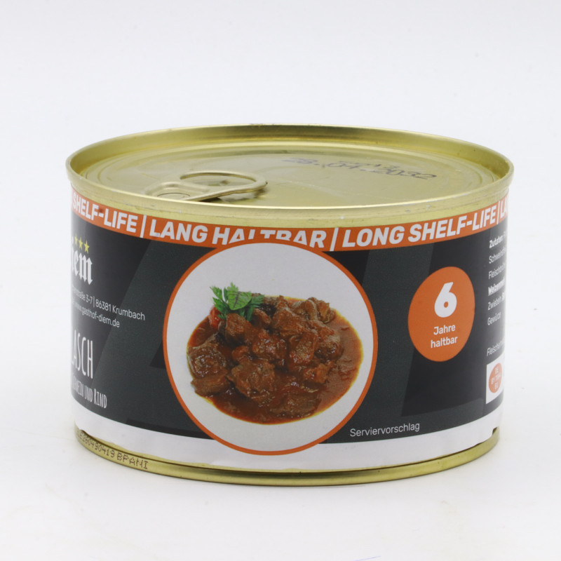 Gemischtes Gulasch vom Rind und Schwein. 400g Konserve 6 JAHRE